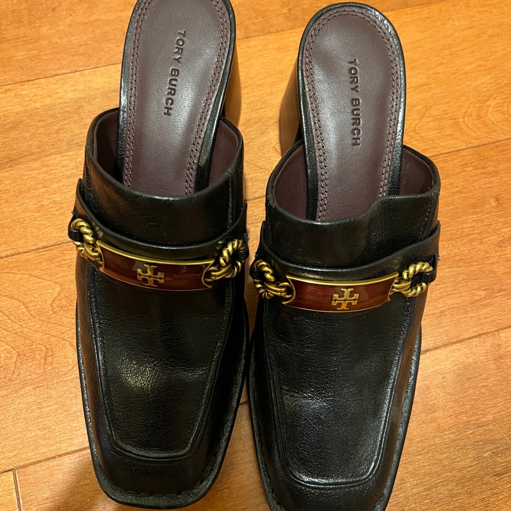 Tory Burch Black Leather Loafers with Gold and Brown Accents - Picture 2 of 3